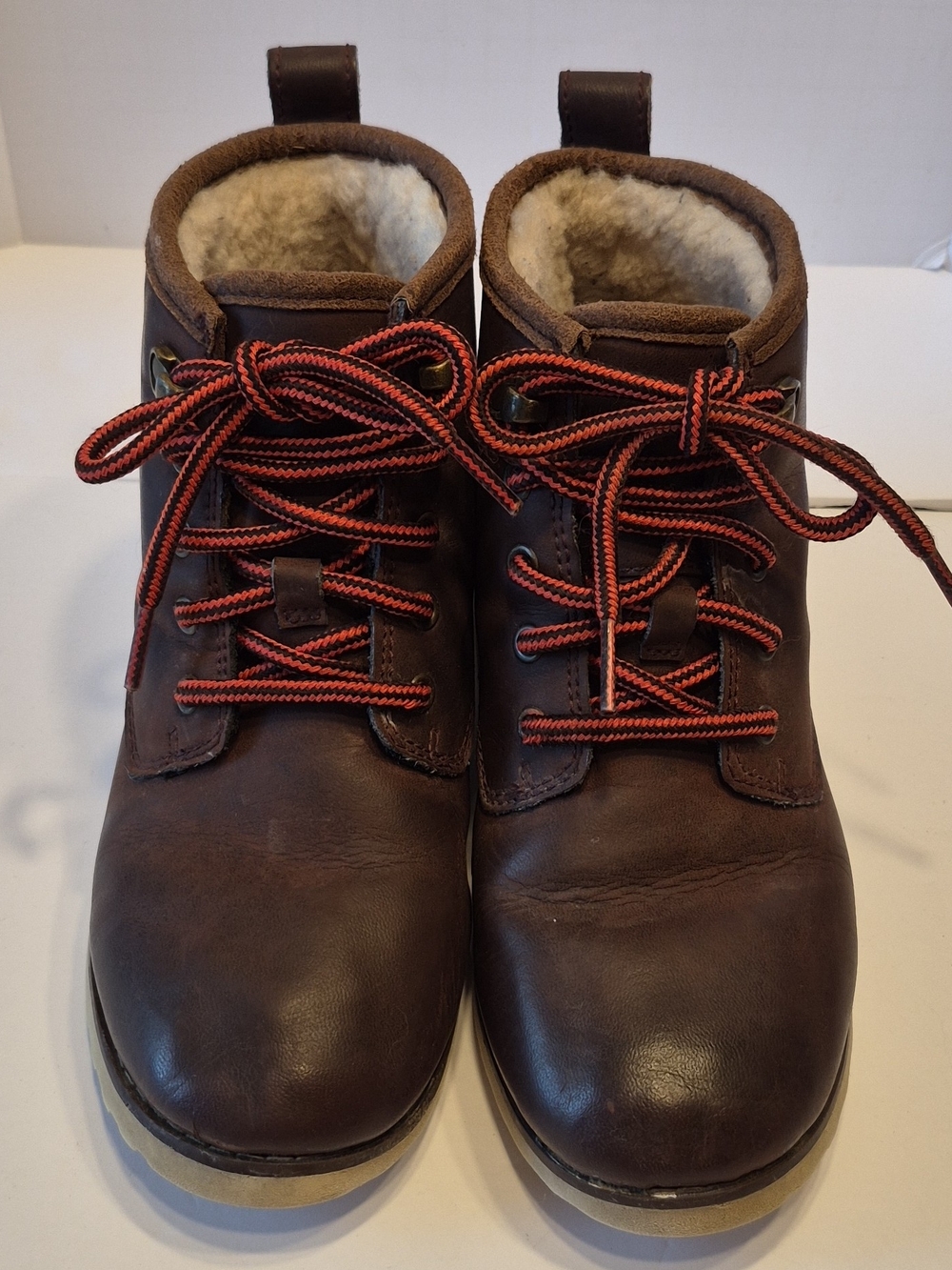 UGG Kids Brown Leather Boots with Red Accent Laces